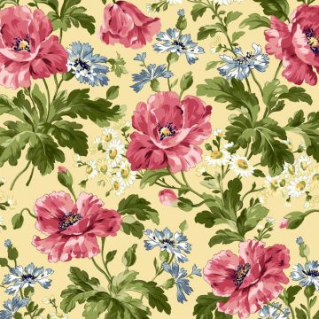 Poppies Flowers with Greenery on Pale Yellow